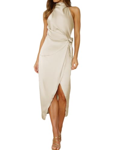 Image of Halfisland Women's Summer Satin High Neck Sleeveless Wrap Dress Elegant Mock Neck Tie Waist Cocktail Formal Dresses
