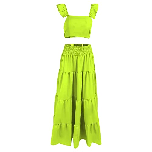 Zweiteiliges Kleid für Damen, elegantes Rüschenärmel, bauchfreies Top und elastische Taille, sexy Swing-Rock, modisch, lässig, langer Rock,...