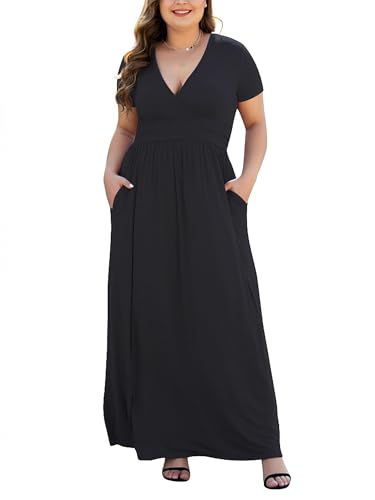 COSSEN Women's XL-5XL Plus Size Maxi Dresses Short Sleeve V-Neck Dress with Pockets