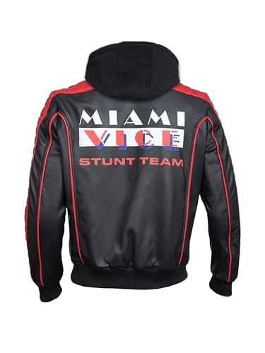 ELK ATTIRE Miaami Vice Stunt Team Leather Bomber Jacket, Black and Red, Quilted Design3
