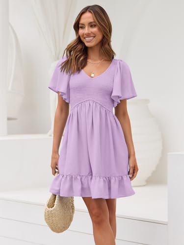 Image of LILLUSORY Women's Flowy Casual Mini Dresses 2026 Summer Graduation Smocked V Neck Vacation Dress Dress with Pockets