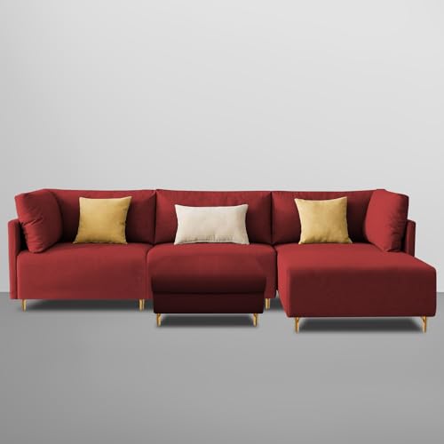 Image of Carina RHS 4 Seater L Shape Sofa Set with Center Table for Living Room (Maroon Fabric) Premium Fabric Sofa