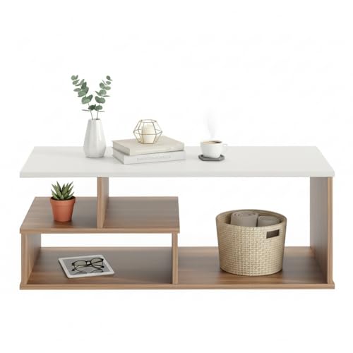 Image of FURNEASER Witely Coffee Table Modern Centre Table with Storage Shelves, Teapoy, Centerpeice Tea & Coffee Table for Living Room, Engineered Wood, Matte Finish (Exotic Teak & White)