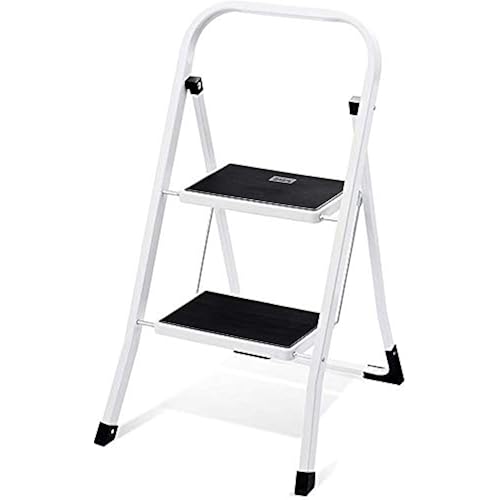 2-Step Ladder Stool with Handle Grip | Anti-Slip Rubber Feet | Wide Pedal | Lightweight & Sturdy Metal Step Stool for Home and Garage - 300 lbs. Capacity (Steel)