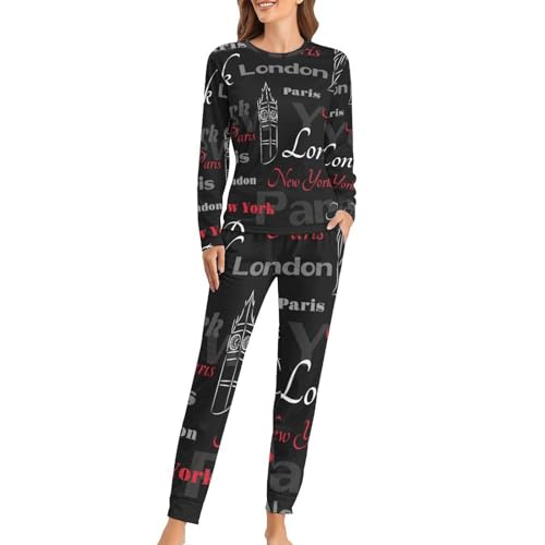 Pyjama femme Londres sleepwear pantalon et t-shirt manches longues