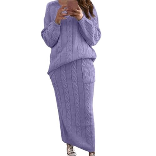 Conjunto de 2 Piezas de Falda Tubo Larga de Punto Trenzado Grueso para Mujer, suéter de Cuello Redondo, Falda Tubo Larga (Purple,L)