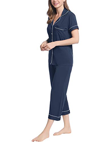 Joyaria Capri Pjs For Women Set Bamboo Pajamas Short Sleeve Cozy Petite(Navy Blue,Samll) #TOP2