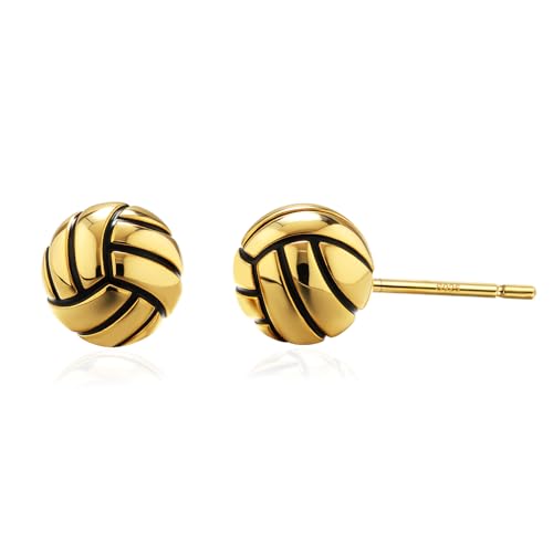 14K Gold Plated Sterling Silver Post Hypoallergenic 3D Baseball Soccer Volleyball Softball 7mm Ball Stud Earrings for Women Men Dainty Mini Sports Gift for Athletes Player Fan Gifts