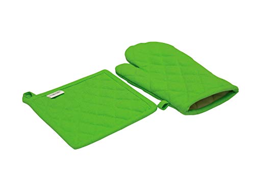 Oven Mitt & Pot Holder Set, Pack of 2, Premium Heat Resistant Kitchen Wares, Cotton Fabric Quilted, Lime Green, Plain, Machine Washable and Heat Resistant Pocket Mitts for Kitchen Cooking and Baking - Thumbnail 2