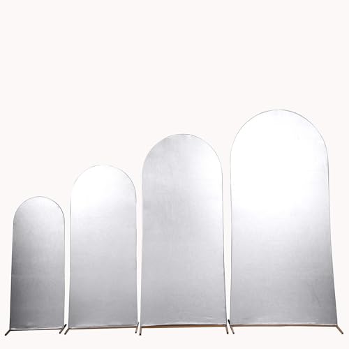 Balsa Circle 4 Silver Fitted Metallic Spandex Round Top Wedding Arch Backdrop Stand Covers Set Party Events Reception Decorations Supplies