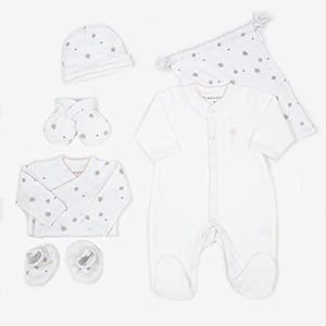 Kinousses – Kit Naissance”Petite Fleur” – 6 Pièces (Pyjama, Body, Bonnet, Chaussons, Moufles et Sac de Rangement) – Fille, Garçon, Mixte – Velours – 0 mois