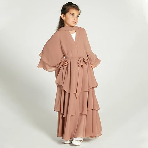 OBEEII Abaya for Girls Kids Muslim Dress Chiffon Layered Belt Kaftan Long Dress with Hijab Islam Dubai Casual Robe Kimono4