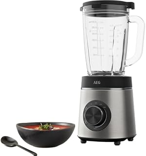 AEG TB6-1-6ST Standmixer/Geschwindigkeitsanpassung/3 Programme/Smoothie/Crushed Ice/Pulsfunktion/Drehknopf + Tasten/6-Klingen Edelstahlmesser/1400W/1,75l Glaskrug Gebürster Stahl/Granit Grau