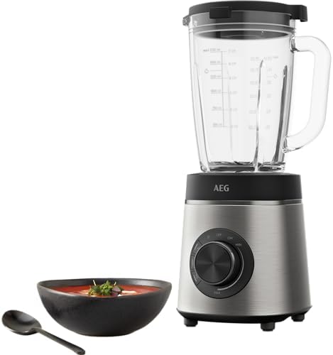 AEG TB6-1-6ST Standmixer/Geschwindigkeitsanpassung/3 Programme/Smoothie/Crushed Ice/Pulsfunktion/Drehknopf + Tasten/6-Klingen Edelstahlmesser/1400W/1,75l Glaskrug Gebürster Stahl/Granit Grau