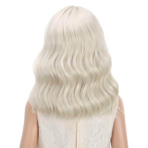 Image of PATTNIUM Platinum Blonde Wig Short Wavy Wig with Bangs Synthetic Blonde Wig Women Cosplay Halloween Party Costume Wig (Platinum Blonde)