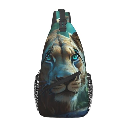 Sac de poitrine croisé en diagonale noir avec motif lionne aux yeux colorés pour homme et femme