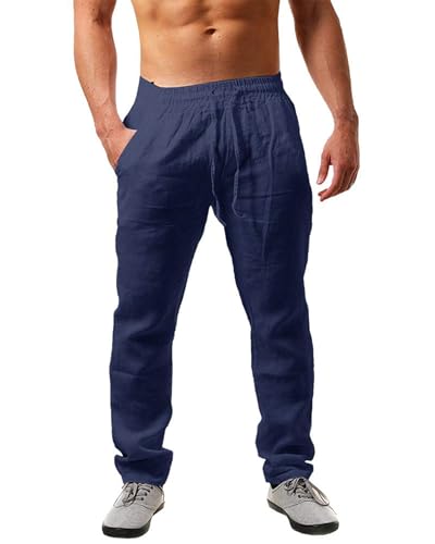 NEMXCE Leinenhose Herren Lang Leichte Sommerhose Herren Loose Fit Freizeithose mit Taschen Kordelzug für Urlaub Strand Yoga Alltag