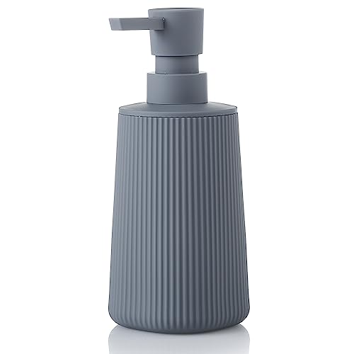 Image of Small Soap Dispenser for Bathroom and Kitchen, Modern Farmhouse Striped Style Plastic Hand Soap Dish Soap Dispenser with Pump Matte Gray