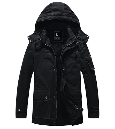 Image of L'MONTE Men's Imported Heavy-Duty Winter Jacket - 100% Cotton Coat with Fleece Lining, Detachable Hood & Multiple Pockets - Windproof, Warm, Stylish for Outdoor & Casual Winter Wear