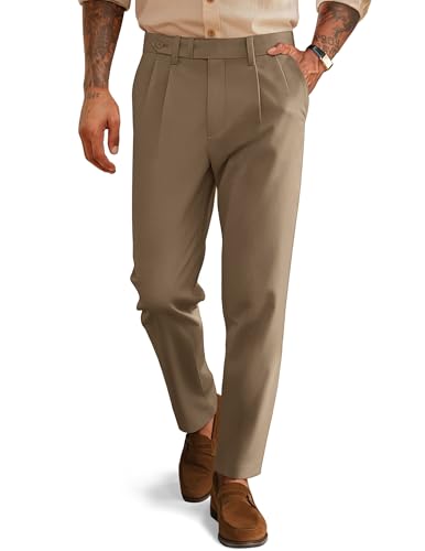 Men Pleated Dress Pants Vintage Tapered Cropped Trousers Extended Waist Dress Pant Casual Slim Fit Slacks Brown S