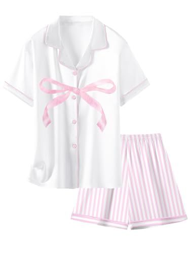Image of Schbbbta Girls Womens Pajamas, Satin Silky Pjs Set Kids 2Pcs Button-Down Nightwear Sleepwear Gift for Mommy and me