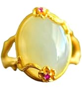 AMINKINA S925 Sterling Silver Jade Rings for Women, Floral Branch Hetian Jade Adjustable Ring, Th...