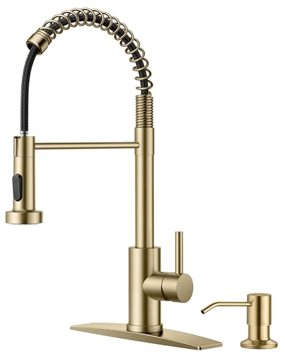 FORIOUS Kitchen Faucet with Soap Dispenser, Gold Stainless Steel Spring Sink Faucet with Pull Down Sprayer Transitional Single Handle for Pot Filler, Farmhouse Camper Bar Laundry Room