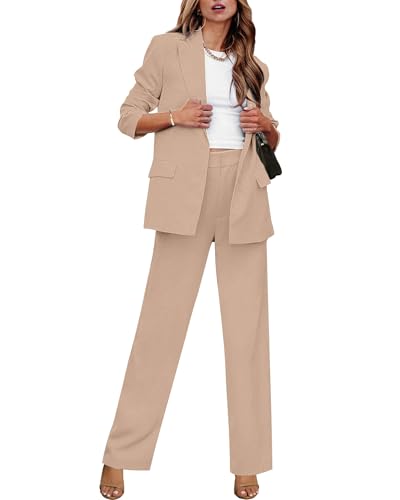 luvamia 2 Piece Outfits for Women Dressy Long Blazer Jackets High Waisted Wide Leg Pants Suits Set Business Casual Fall Outfits 2 Piece Sets for Women Office Rugby Tann Size 16-18