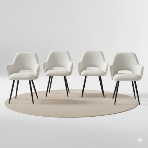 Image of Finch Fox Motel Luxurious Home Collection Upholstery Boucle Fabric Arm Dining Room Chairs in Cream Color with Black Metal Powder Coated Legs (Set of 4)