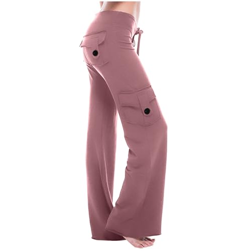 Image of Generisch Women's Casual Buttons Drawstring Multi Pockets Stretch Fabric Trousers Slim Fit Straight Leg Casual Trousers Everyday Trousers Autumn Winter Elegant Flare Pants, light purple, XL