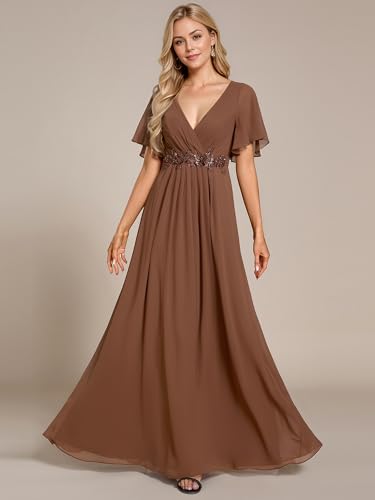 Image of Ever-Pretty Women's Spring Short Sleeve Bridesmaid Dresses V-Neck Chiffon Ruched Empire Waist Appliques Long Formal Dress