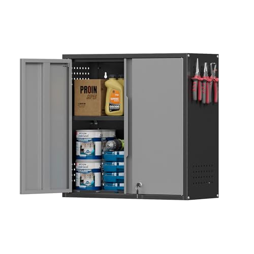 Garage Wall Cabinet, Metal Garage Cabinets with 2 Doors and Adjustable Shelf, Lockable Floating Tool Cabinet with Pegboard, Black Steel Wall Mounted Tool Cabinets for Kitchen,Office,Laundry,Warehouse