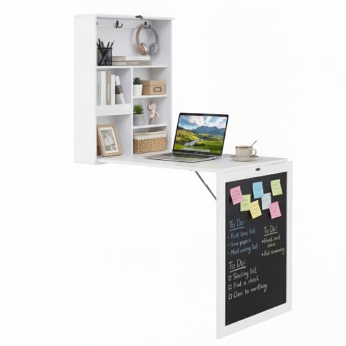 Tangkula Foldable Wall-Mounted Desk, Floating Desk with Chalkboard, Storage Shelves & Hooks, Space-Saving Murphy Table for Home Office, Bedroom, Dorm Room, Small Spaces