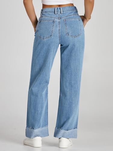 Cicy Bell Womens High Waisted Boyfriend Jeans Cuffed Raw Straight Leg Baggy Denim Pants with Pockets3