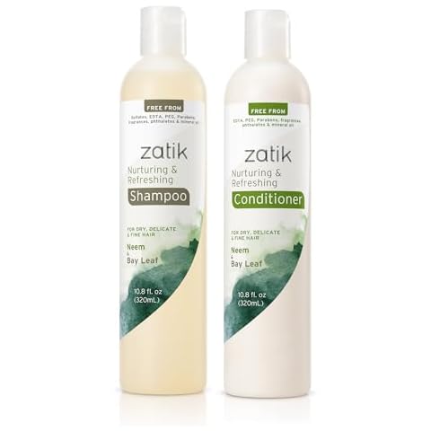 Zatik Naturals - Nurturing and Refreshing Shampoo + Conditioner Set, with Neem & Bay Leaf for Dry, Fine, Delicate Hair - Biodegradable, pH Balanced, Free From sulfates, phthalates. 10.8oz(One of Each) Cover