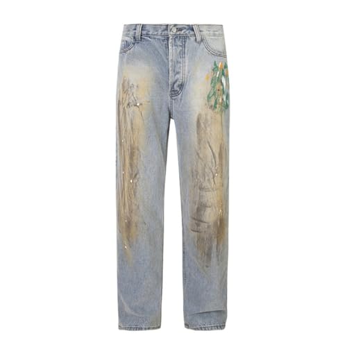 Jeans Pants Trouser Denim Retro Printed Loose Straight Trendy Handsome Dressing Style High End Casual Men