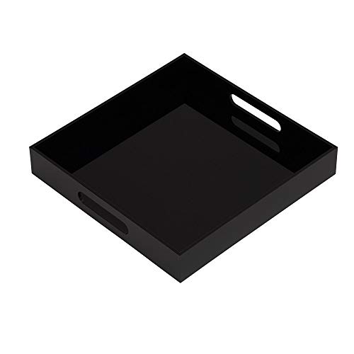 Big Sale Glossy Black Sturdy Acrylic Serving Tray with Handles-12x12Inch-Serving Coffee,Appetizer,Breakfast,Butler-Kitchen Countertop Tray-Makeup Drawer Organizer-Vanity Table Tray-Ottoman Tray-Decorative Tray