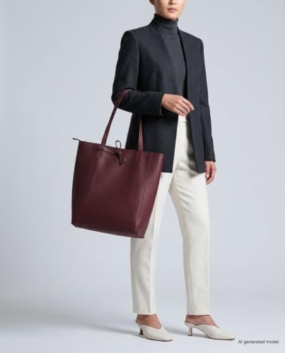 Image of Genuine Italian Leather Tote Bag for Women, Large Slouchy Purse, Burgundy | Unstructured bag, raw unlined interior with zip pocket, top zipper, side ties, folds flat, fits a 16-inch laptop, lightweight