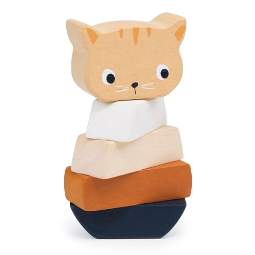 Image of Mentari Toys - Stacking Kitten - 5pcs Wooden Animal Stacker Toddler Toy - Natural Wood Stacking Blocks - Boost Fine Motor Skills - Toddler Educational Toy - Age 12m+