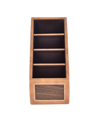 Image of Premsons Remote Holder Artificial Leather with Wooden Finish - 4 Section Tabletop Organizer for TV, AC & Office Desk Accessories - Compact & Stylish Storage Solution for Home & Office - Tan