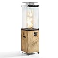 Joyside Patio Propane Heater - Outdoor 41000BTU Freestanding Heater with Two-Layer Wind-Shield Glass, Wood-Grain Gas Tank Holder, Wheels and Vent Top, Waterproof Cover Included, Natural Wood Color