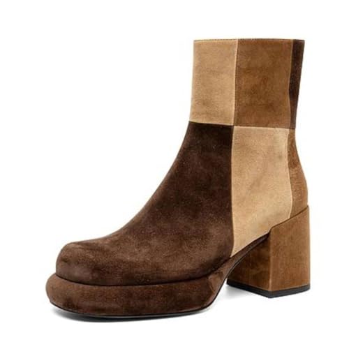 Pazzion Women Platform Closed Round Toe Ankle Booties Side Zippers Mid Block Heels Patchwork Short Boots Formal Working Office Shoes Size 4-16 US