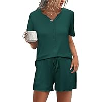Demegimi Pijama Verano Mujer de Algodon Pijama Corto Mujer de Cuello en V Conjunto de Pijama Suave y Cómodo