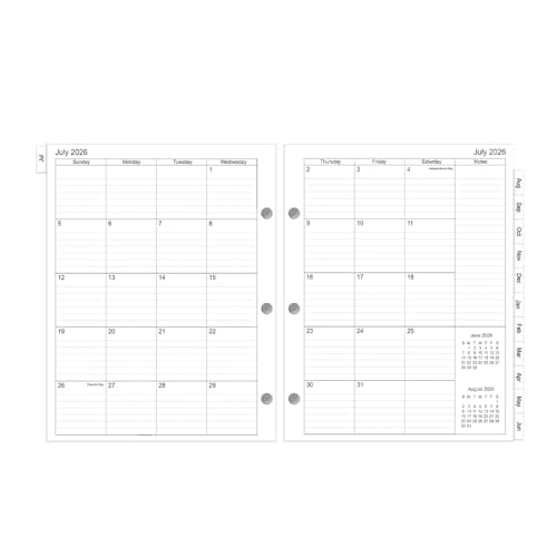 Recharge de planificateur mensuel 2026-2027 format lettre 3 anneaux avec onglets et pages de notes