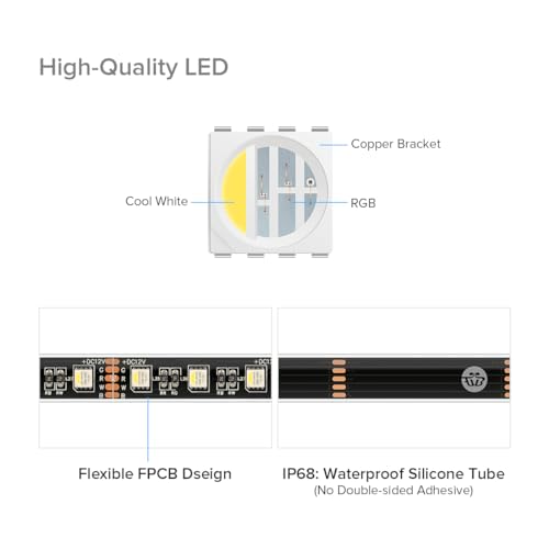 Image of BTF-LIGHTING RGBW LED Strip IP68 Waterproof Cool White DC12V 16.4FT 300LED | Black LED Tape PCB 14mm 5050 4 Colors in 1 RGB + 6000K-7000K Tape Lights Can Work Outdoor(No Adapter or Controller)