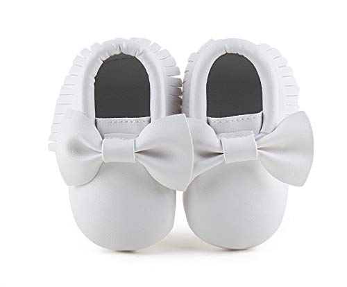 CENCIRILY Infant Toddler Baby Soft Sole Suede Moccasins Tassels for Boys Girls Non Slip First Walkers Crib Shoes (12-18 Months Toddler, White Bowknot)