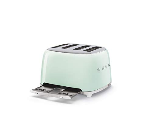Image of SMEG 4 Slice Toaster TSF03, Retro Stainless-Steel Toaster with Wide Slots for Bagels, 6 Browning Levels, Defrost Reheat Bagel Functions, Dual Controls, Crumb Trays, 1800W - TSF03PGUS - Pastel Green