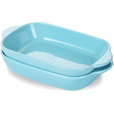 LEETOYI Ceramic Small Baking Dish, Porcelain 2-Piece Rectangular Bakeware with Double Handle, Baking Pans for Cooking and Cake Dinner 7.5"×5 (Turquoise) Cover