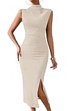 MITILLY Formal Dresses for Women 2025 Elegant Sleeveless Mock Neck Texture Ruched Bodycon Midi Dress with Side Slit Medium Apricot