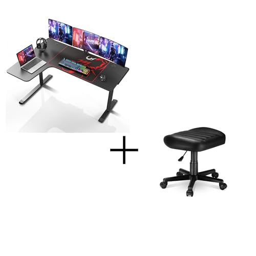 Image of EUREKA ERGONOMIC L Shaped Gaming Desk, 60 Inch L60 Home Office Corner PC Computer Gamer Desk with Multi-Use Stool,Gaming Foot Stool,Height Adjustable Swivel Rolling Stool Chair W Wheels